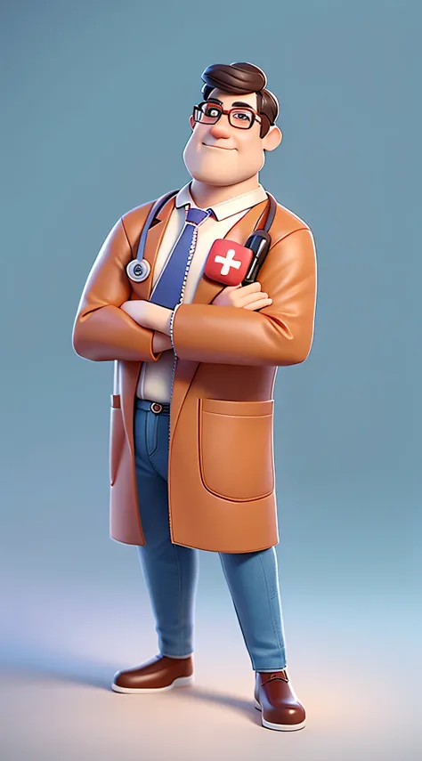 One wears glasses、Male doctor character wearing blue shirt, He has a stethoscope hanging around his neck, Animated characters, stylized characters, animation style rendering, 3D stylization, arnold maya render, stylized 3d render, Render key shots, 3D char...