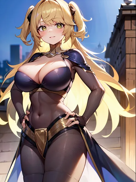 masterpiece, best quality, extremely detailed, 1girl, solo, fischlrnd, (huge breasts), (((blonde hair, long hair, green eyes, slit pupils))), parted lips, (((darkmage, bodystocking, cleavage))), ((light smile), closed mouth), ((hands on own hips, rooftop, ...