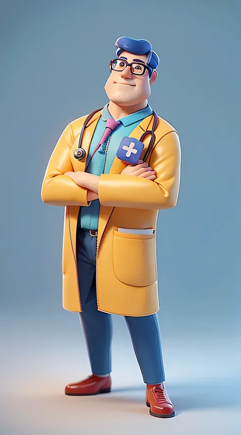 One wears glasses、Male doctor character wearing blue shirt, He has a stethoscope hanging around his neck, Animated characters, stylized characters, Animation-style rendering, 3D stylization, arnold maya render, stylized 3d render, Render key shots, 3d char...