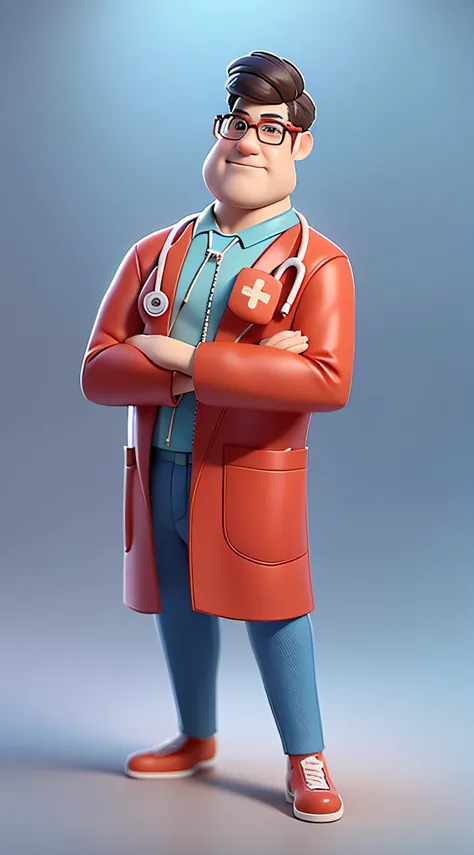One wears glasses、Male doctor character wearing blue shirt, He has a stethoscope hanging around his neck, Animated characters, stylized characters, Animation-style rendering, 3D stylization, arnold maya render, stylized 3d render, Render key shots, 3d char...