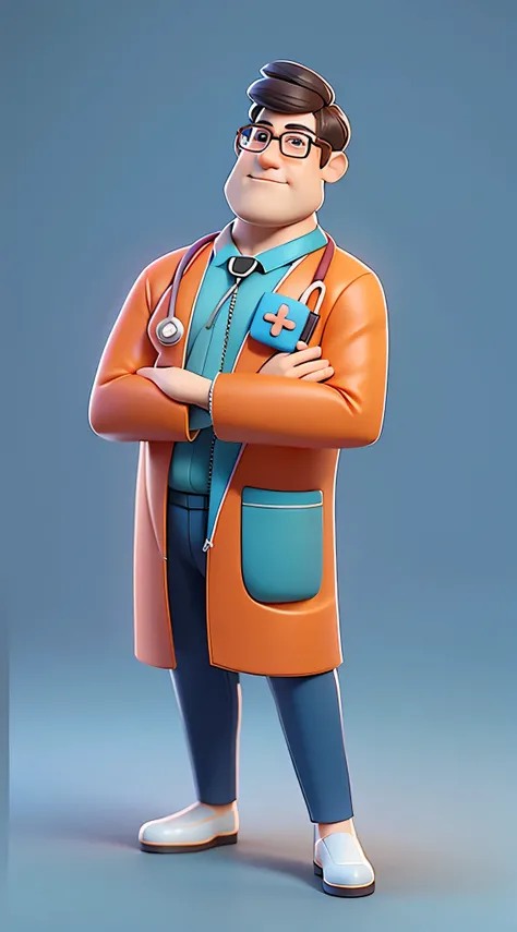 One wears glasses、Male doctor character wearing blue shirt, He has a stethoscope hanging around his neck, Animated characters, stylized characters, Animation-style rendering, 3D stylization, arnold maya render, stylized 3d render, Render key shots, 3d char...