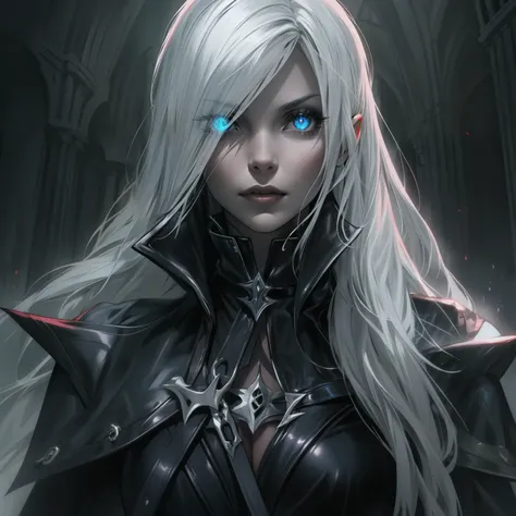 Female dark mage wearing full leather outfit, has white hair, masterpiece, alluring gaze, evil, gothic, feint glowing aura, solo, alone (SOLO)(ALONE)