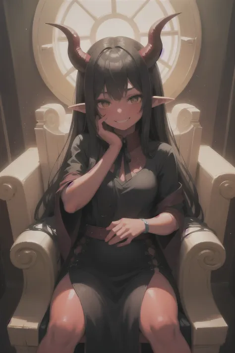 1girl, ((((red colored skin)))), detailed picture, pointed ears, horns, black hair, long hair, sitting on throne, shimmering lights, smug smile, propped up head, head resting on hand, black regal dress