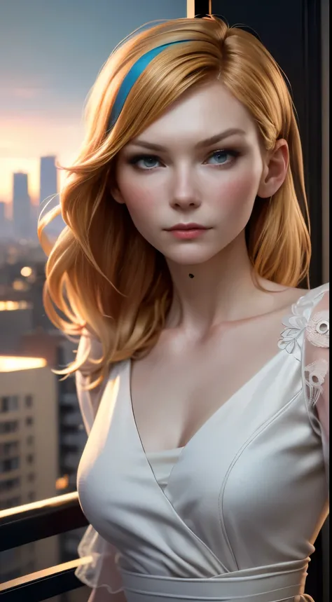 photo of Kirsten Dunst, RAW, beautiful woman, ((portrait)), ((detailed face:1.2)), ((detailed facial feature, detailed skin, clear skin), (perfect proportioned body), (wearing a colorful dress) (high detailed city environment, apartment balcony), (realisti...