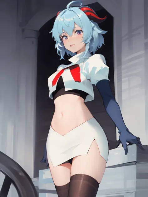 ganyudef, short hair, light blue hair, horns on head, team rocket,team rocket uniform, red letter R, white skirt,white crop top,black thigh-highs,black elbow gloves