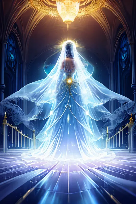 a woman in a bioluminescent pure white wedding dress, long, flowing, to the floor, in a dark room, back towards the camera. she is facing a crystal clear, giant, glass gate, with the outline and hinges of the gate are steampunk style gears and bearings. ou...