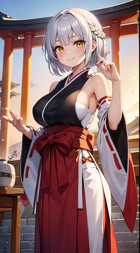 1 girl, game cg, miko, shoulders visible, short hakama skirt, gigantic breasts, silver hair, short hair, french braid, yellow eyes, smile, dynamic, Japanese shrines,