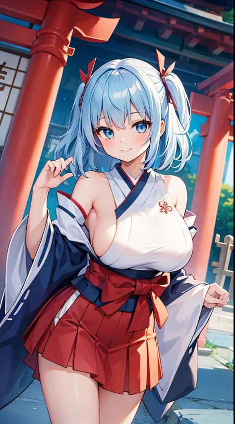 1 girl, game cg, miko, shoulders visible, short hakama skirt, gigantic breasts, light blue hair, middle hair, two side up, blue eyes, smile, dynamic, Japanese shrines,