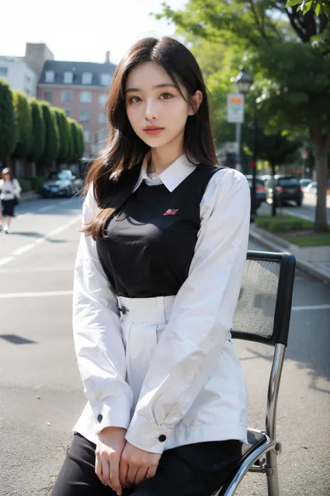 ((Best quality at best)), ((tmasterpiece)), (detailed), The background is an outdoor chair，natural face，Many people are recording work，long sleeve work uniform