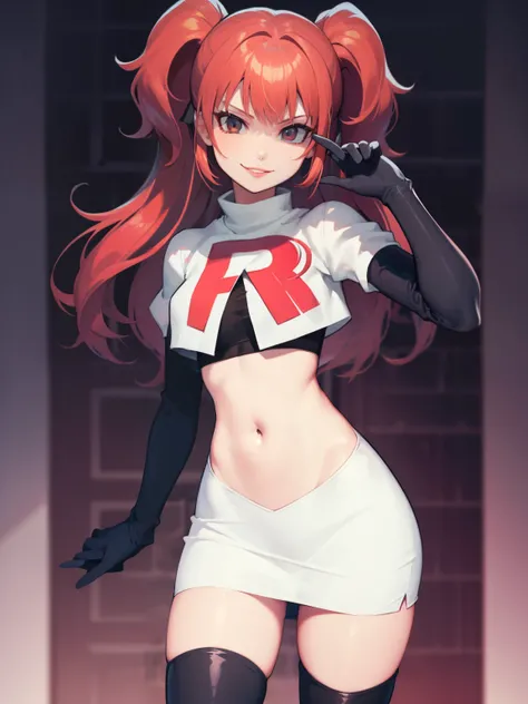 Rise Kujikawa (Persona) ,glossy lips ,team rocket uniform, red letter R, white skirt,white crop top,black thigh-high boots, black elbow gloves, evil smile, looking at viewer, cowboy shot