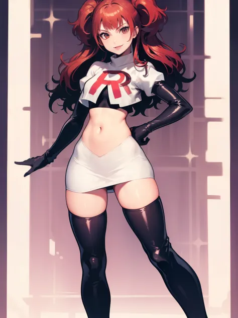 Rise Kujikawa (Persona) ,glossy lips ,team rocket uniform, red letter R, white skirt,white crop top,black thigh-high boots, black elbow gloves, evil smile, looking at viewer, cowboy shot