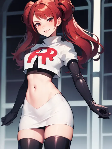 rise kujikawa (persona) ,glossy lips ,team rocket uniform, red letter r, white skirt,white crop top,black thigh-high boots, blac...