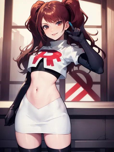 Rise Kujikawa (Persona) ,glossy lips ,team rocket uniform, red letter R, white skirt,white crop top,black thigh-high boots, black elbow gloves, evil smile, looking at viewer, cowboy shot