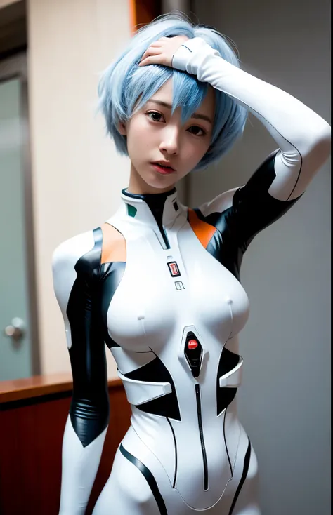 Rei Ayanami、plugsuit、A woman wearing a sexy futuristic suit is taking a photo, an image of a beautiful cyborg, Portrait of a female android, styled like ghost in the shell, Ayanami, rei Ayanami, porcelain cyborg, cyborg - girl with silver hair, Perfect Ani...