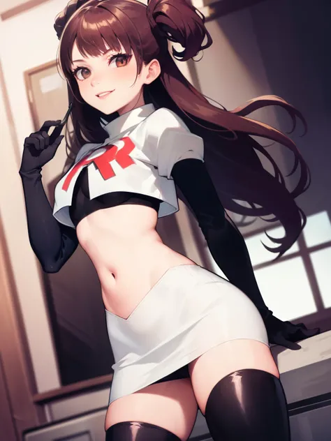 Rise Kujikawa (Persona) ,glossy lips ,team rocket uniform, red letter R, white skirt,white crop top,black thigh-high boots, black elbow gloves, evil smile, looking at viewer, cowboy shot