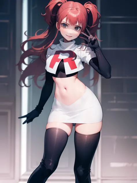 Rise Kujikawa (Persona) ,glossy lips ,team rocket uniform, red letter R, white skirt,white crop top,black thigh-high boots, black elbow gloves, evil smile, looking at viewer, cowboy shot