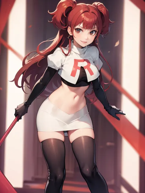 rise kujikawa (persona) ,glossy lips ,team rocket uniform, red letter r, white skirt,white crop top,black thigh-high boots, blac...