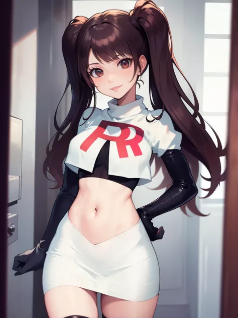 Rise Kujikawa (Persona) ,glossy lips ,team rocket uniform, red letter R, white skirt,white crop top,black thigh-high boots, black elbow gloves, evil smile, looking at viewer, cowboy shot