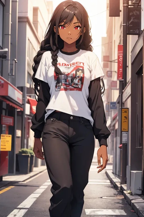 anime girl with long braids and red eyes, African American skin, black, brown skin,  beautiful, model, 17 years old, wearing t shirt, pants,  full body shot, walking, city background, 4k, masterpiece, official art , highly detailed, rtx, ray tracing