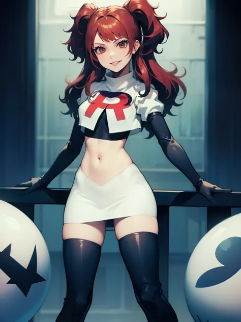 rise kujikawa (persona) ,glossy lips ,team rocket uniform, red letter r, white skirt,white crop top,black thigh-high boots, blac...