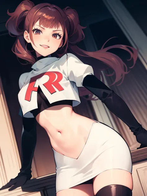 rise kujikawa (persona) ,glossy lips ,team rocket uniform, red letter r, white skirt,white crop top,black thigh-high boots, blac...