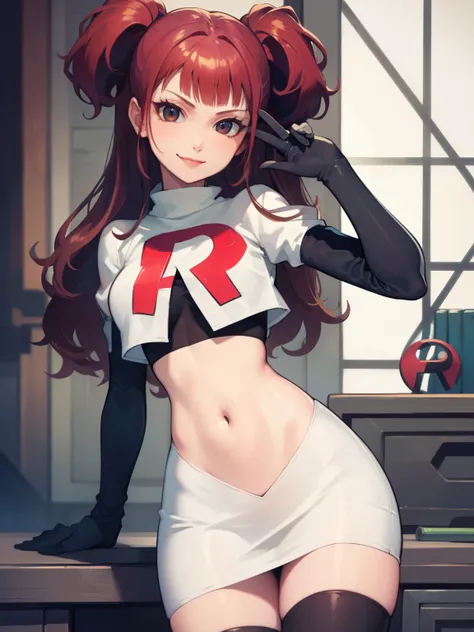 rise kujikawa (persona) ,glossy lips ,team rocket uniform, red letter r, white skirt,white crop top,black thigh-high boots, blac...