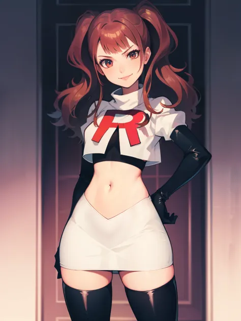 rise kujikawa (persona) ,glossy lips ,team rocket uniform, red letter r, white skirt,white crop top,black thigh-high boots, blac...