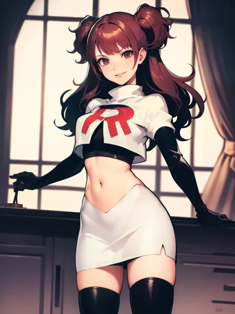 rise kujikawa (persona) ,glossy lips ,team rocket uniform, red letter r, white skirt,white crop top,black thigh-high boots, blac...