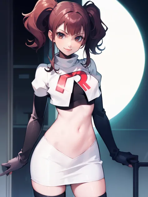 rise kujikawa (persona) ,glossy lips ,team rocket uniform, red letter r, white skirt,white crop top,black thigh-high boots, blac...