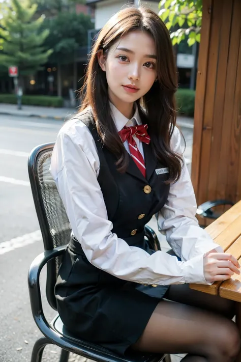 ((Best quality at best)), ((tmasterpiece)), (detailed), The background is an outdoor chair，natural face，Many people sitting together and recording work，long sleeve work uniform