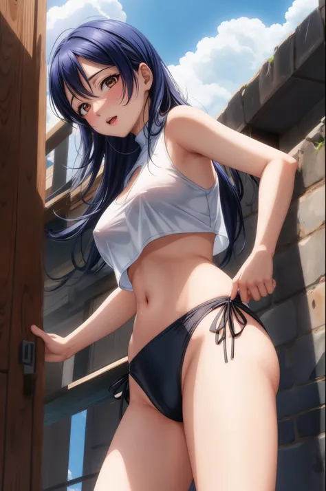 Solo, cowboy shot, from below,Sonoda umi, (wearing white crop top),(black panties), big breasts , nipple,thicc body, standing, sweating ,outdoors,day