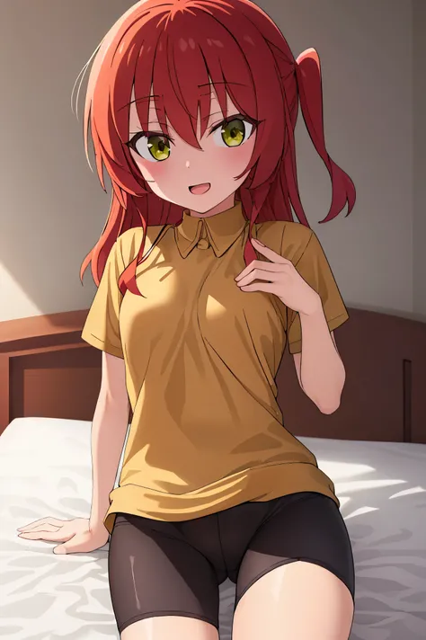 1 girl, best quality, ultra high res, long hair, red hair, green eyes, looking at viewers, small breast, standing, pov, slim body, loli body, small body, smile, open mouth, yellow shirt, short sleeves, bike shorts, bedroom, white bed sheets,