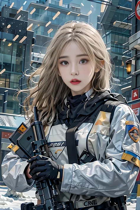 Photorealistic, High resolution, 1womanl, Solo,snowy background, stares at the camera, (Detailed face), a blond, Swat Vest, gun, Jewelry，Finger is blocked