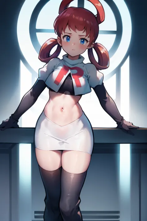 nurse joy, hair rings, bangs, team rocket,team rocket uniform, red letter R, white skirt,white crop top,black thigh-high boots, black elbow gloves , looking at viewer,