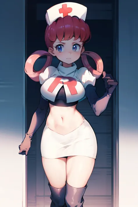 nurse joy, hair rings, bangs, team rocket,team rocket uniform, red letter R, white skirt,white crop top,black thigh-high boots, black elbow gloves , looking at viewer,