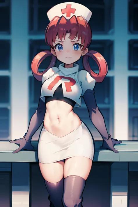 nurse joy, hair rings, bangs, team rocket,team rocket uniform, red letter R, white skirt,white crop top,black thigh-high boots, black elbow gloves , looking at viewer,