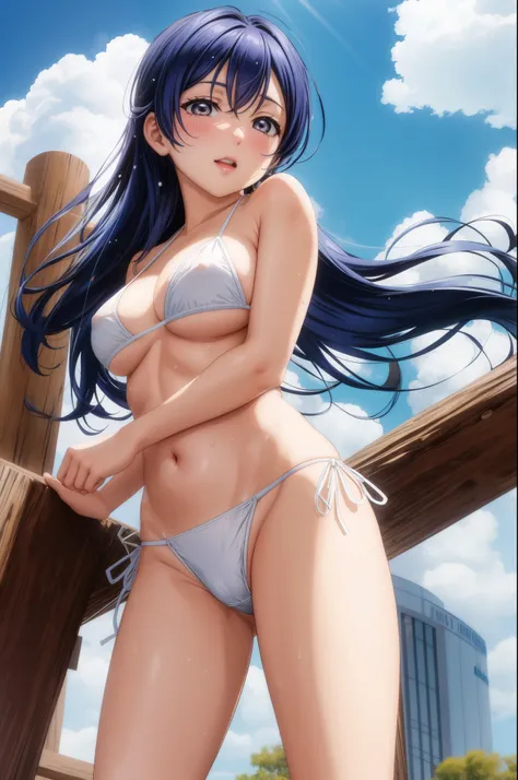 Solo, cowboy shot, from below,Sonoda umi,(white micro bikini), hard erect nipples,thicc body, standing, sweating ,outdoors,day