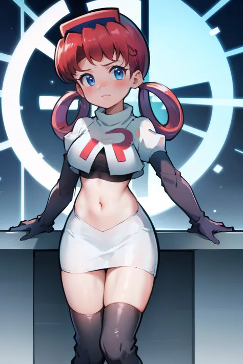 nurse joy, hair rings, bangs, team rocket,team rocket uniform, red letter R, white skirt,white crop top,black thigh-high boots, black elbow gloves , looking at viewer,