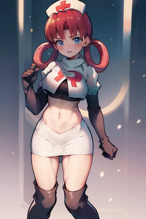 nurse joy, hair rings, bangs, team rocket,team rocket uniform, red letter R, white skirt,white crop top,black thigh-high boots, black elbow gloves , looking at viewer,
