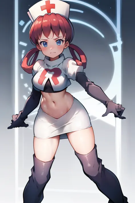 nurse joy, hair rings, bangs, team rocket,team rocket uniform, red letter R, white skirt,white crop top,black thigh-high boots, black elbow gloves , looking at viewer,