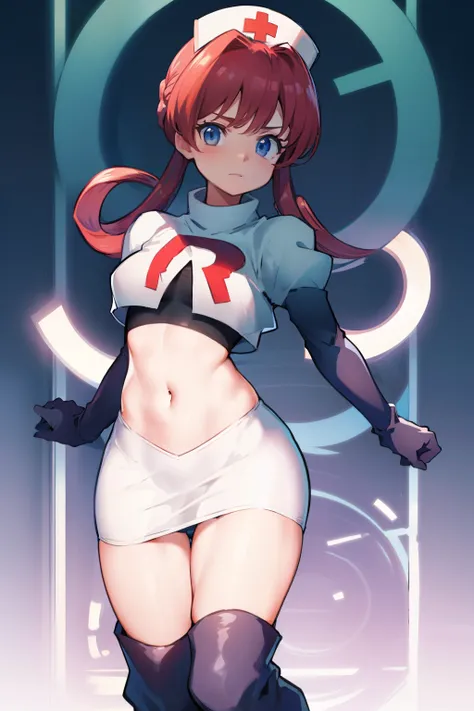 nurse joy, hair rings, bangs, team rocket,team rocket uniform, red letter R, white skirt,white crop top,black thigh-high boots, black elbow gloves , looking at viewer,