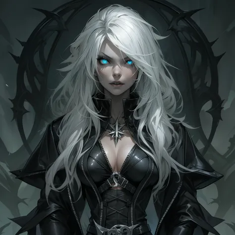 Female dark mage wearing full leather outfit, has white hair, masterpiece, alluring gaze, evil, gothic, feint glowing aura, solo, alone (SOLO)(ALONE)