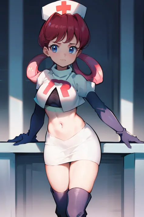 nurse joy, hair rings, bangs, team rocket,team rocket uniform, red letter R, white skirt,white crop top,black thigh-high boots, black elbow gloves , looking at viewer,
