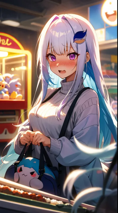 One girl with long hair, bangs, white hair, blue inner hair:1.25) , purple eyes, blushing, embarrassed, open mouth, sweaters, indoor, game center, claw machine, bag, standing, dizzy, mid-chest, day atmosphere, hair ornament, medium breasts, upper body, foc...