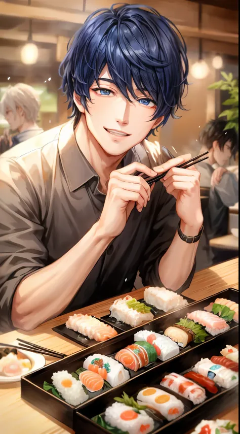 Handsome man、blue eyess、holding chopsticks、Cool Face、Clothes are black、Very detailed CG Unity 8K wallpaper, (Super masterpiece, Beautiful person, well detailed face polluted smile, Photorealistic, hyper realisitic)、sushi izakaya background、jpn