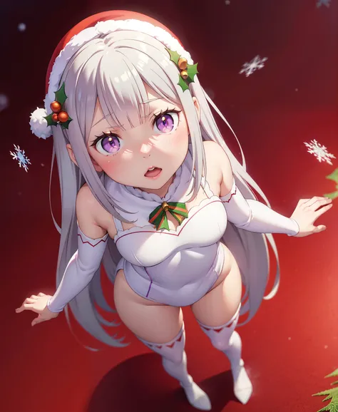 re:zero, emilia, gray hair, masterpiece, amazing, 8k, detailed, 1girl, (from above), purple eyes, (white tights), ((leans forward)), (stands), hands behind her back, ((looking up)), (red background), falling snowflakes, ((Christmas hat)),,