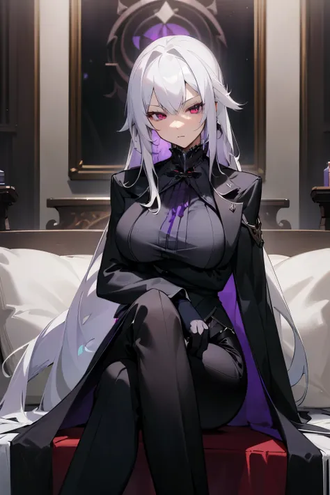 (masterpiece, best quality:1.2), illustration, 8k, hd, 1girl, solo, ((long hair, white hair, purple eye, black coat)), large breasts, black pants, arle suit, serious expression, tall, mature, elegant, black gloves, indoors, sitting, legs crossed,