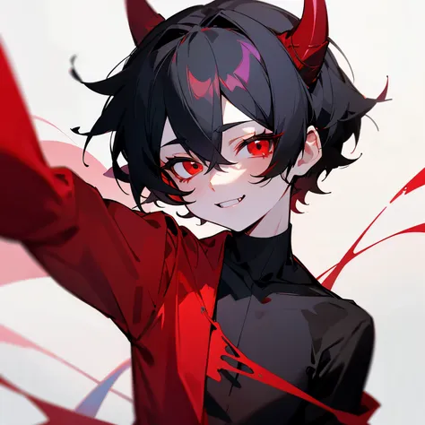 bust_portrait, small cute anime boy with pale skin, a devillish grin, black hair, red eyes, a fang. and implied devil horns. wea...