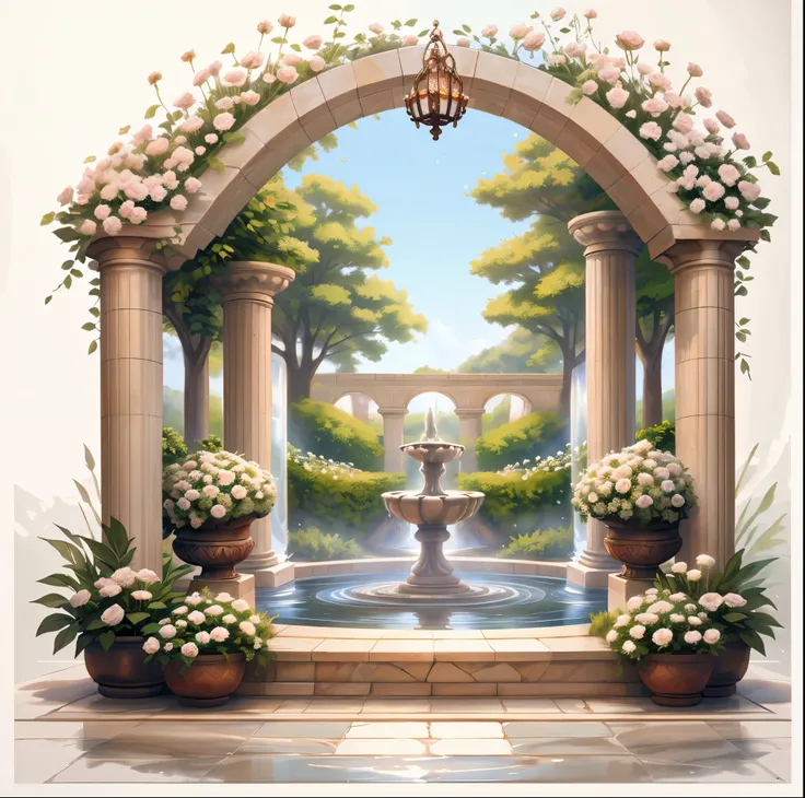 There is a garden，There are marble fountains and flowers, Portal made of white roses, Romantic art style,landscape artwork, A beautiful artistic illustration, Fountains and arches, royal garden background, White Rose Garden, , beautiful artist rendering, 4...