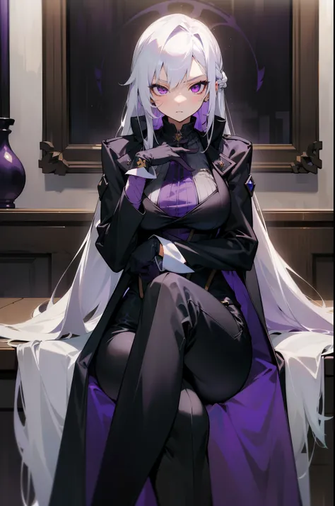 (masterpiece, best quality:1.2), illustration, 8k, hd, 1girl, solo, ((long hair, white hair, purple eye, black coat)), large breasts, black pants, arle suit, serious expression, tall, mature, elegant, black gloves, indoors, sitting, legs crossed,